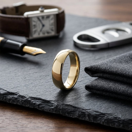 6mm Slightly Domed Comfort-Fit Wedding Band in 14K Yellow Gold, on walnut surface with pocket square