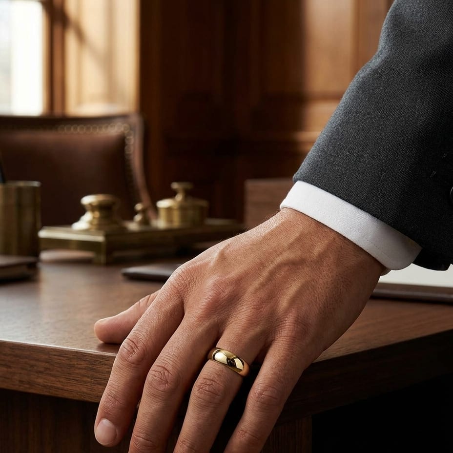 7mm Slightly Domed Comfort-Fit Wedding Band in 14K Yellow Gold, worn on hand, masculine full view