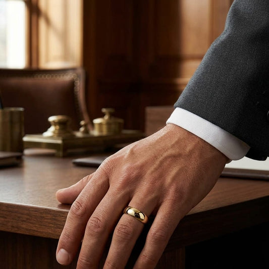 7mm Slightly Domed Comfort-Fit Wedding Band in 14K Yellow Gold, worn on hand, masculine full view