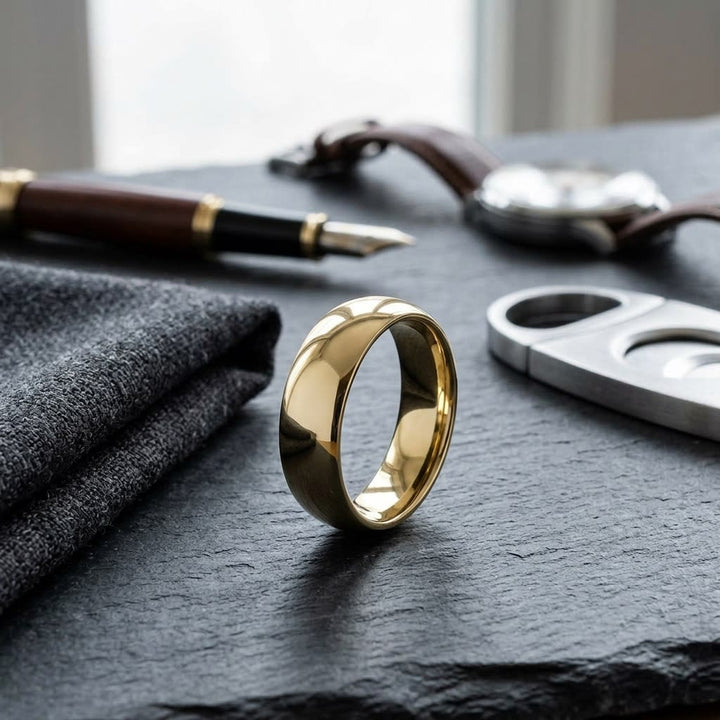 7mm Slightly Domed Comfort-Fit Wedding Band in 14K Yellow Gold, on walnut surface with pocket square