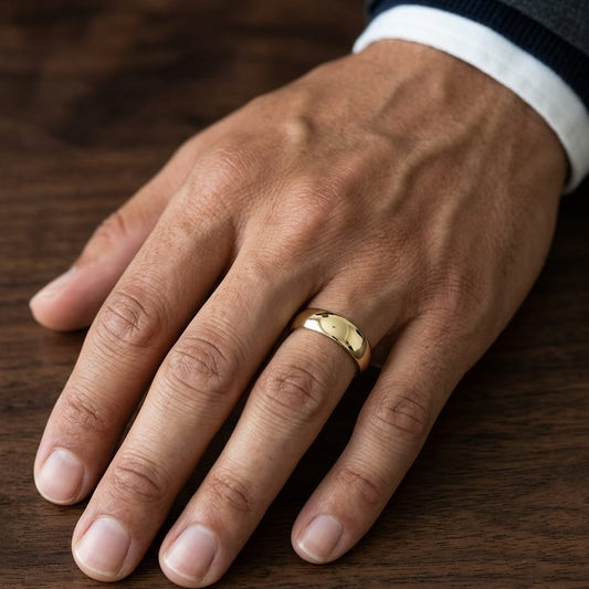 8mm Slightly Domed Comfort-Fit Wedding Band in 14K Yellow Gold, worn on hand, masculine close-up