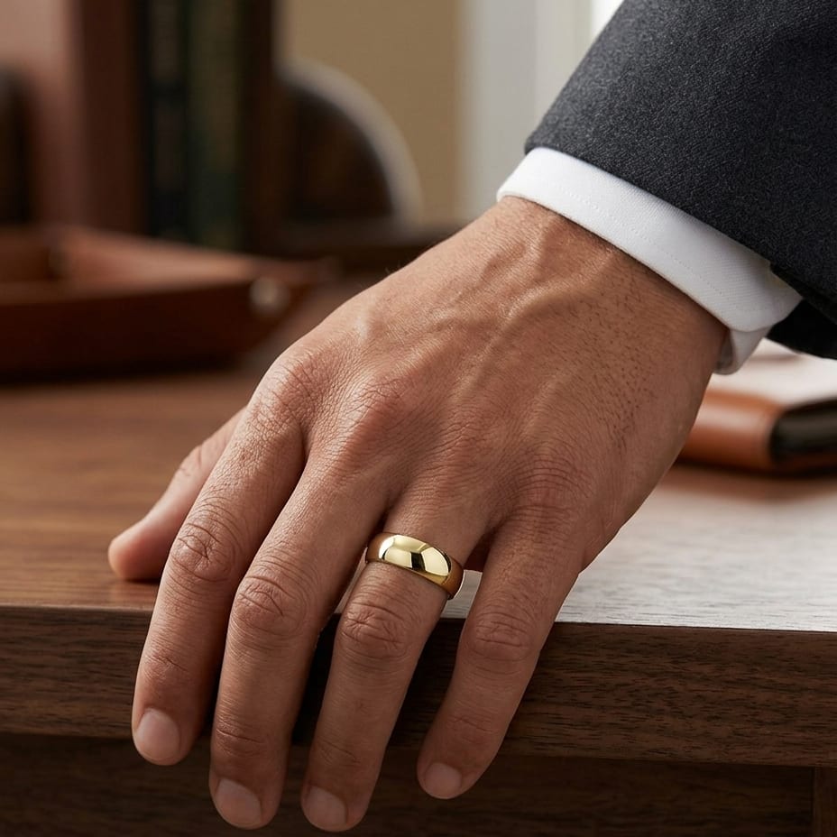 8mm Slightly Domed Comfort-Fit Wedding Band in 14K Yellow Gold, worn on hand, masculine full view