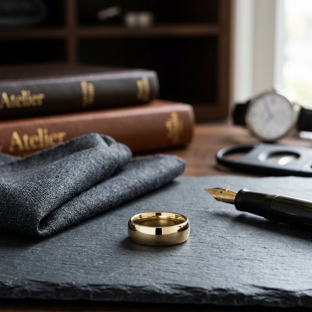 8mm Slightly Domed Comfort-Fit Wedding Band in 14K Yellow Gold, on walnut surface with pocket square