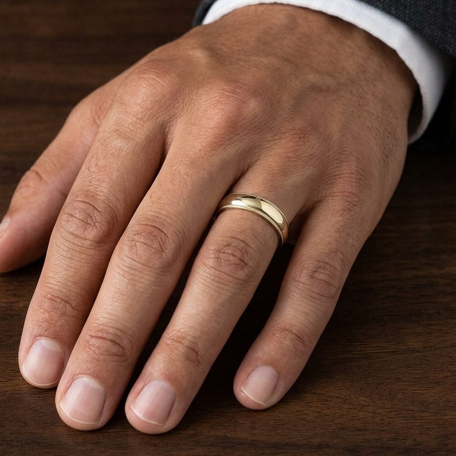 5mm Slightly Domed Milgrain Comfort-Fit Wedding Band in 14K Yellow Gold, worn on hand, masculine close-up