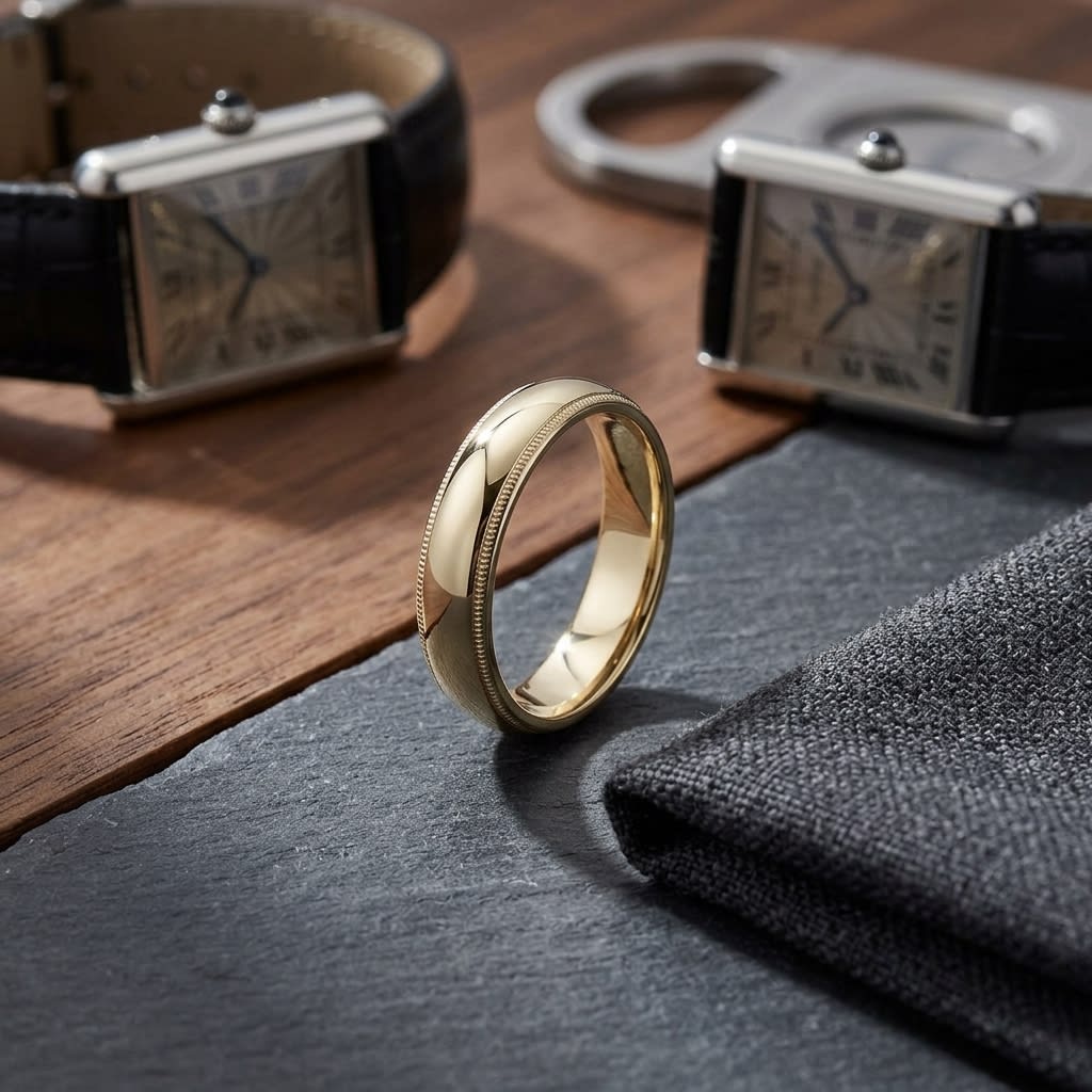 5mm Slightly Domed Milgrain Comfort-Fit Wedding Band in 14K Yellow Gold, on walnut surface with pocket square