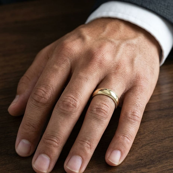 6mm Slightly Domed Milgrain Comfort-Fit Wedding Band in 14K Yellow Gold, worn on hand, masculine close-up