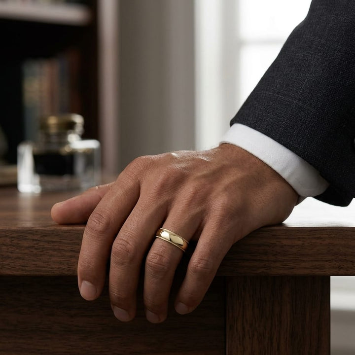 6mm Slightly Domed Milgrain Comfort-Fit Wedding Band in 14K Yellow Gold, worn on hand, masculine full view