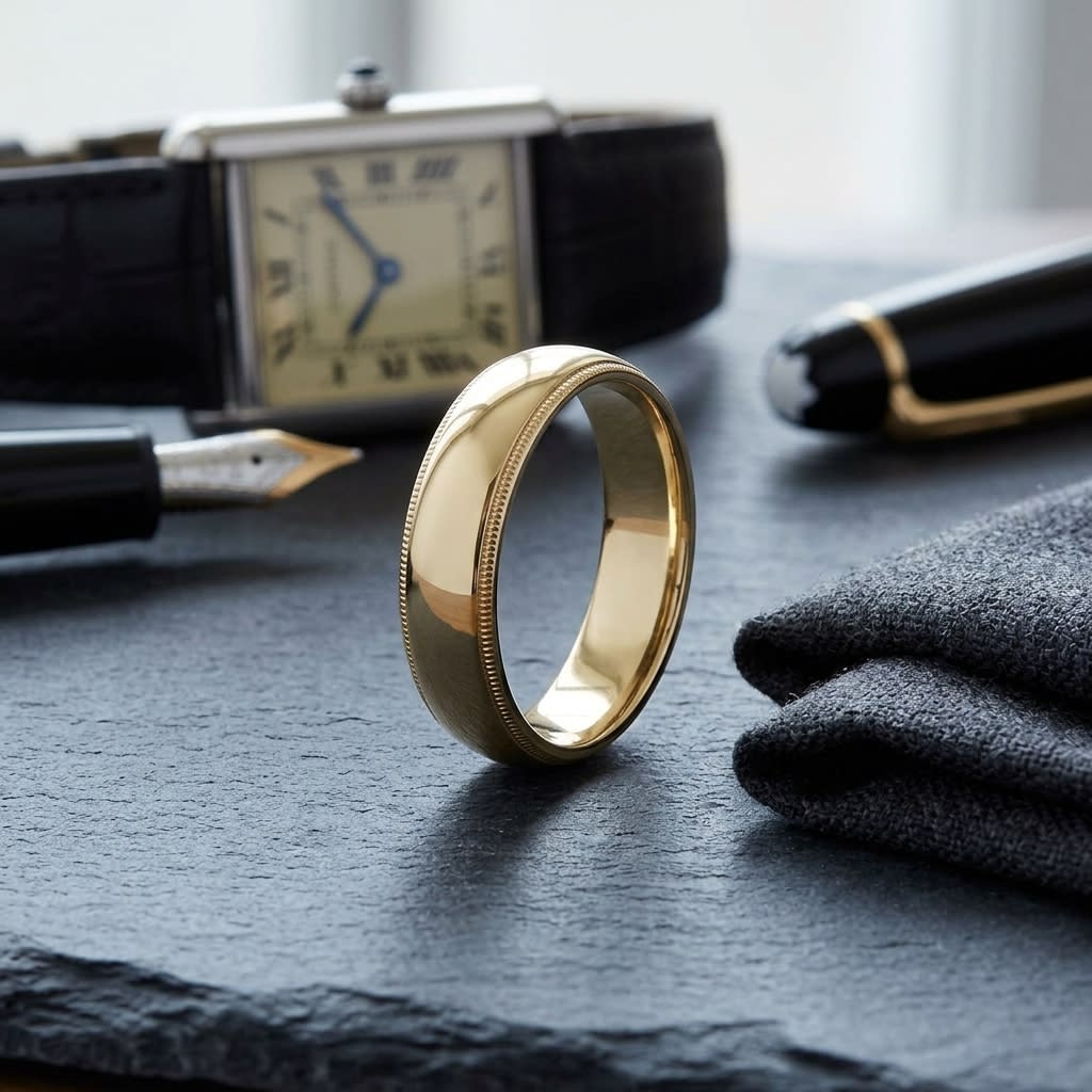 6mm Slightly Domed Milgrain Comfort-Fit Wedding Band in 14K Yellow Gold, on walnut surface with pocket square