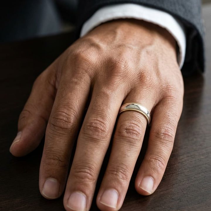 6mm Slightly Domed Double Milgrain Comfort-Fit Wedding Band in 14K Yellow Gold, worn on hand, masculine close-up