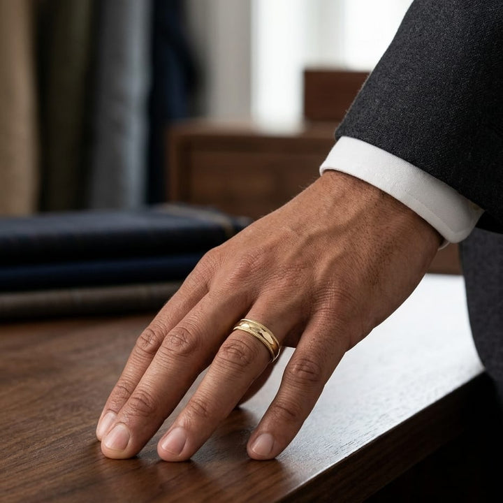 6mm Slightly Domed Double Milgrain Comfort-Fit Wedding Band in 14K Yellow Gold, worn on hand, masculine full view
