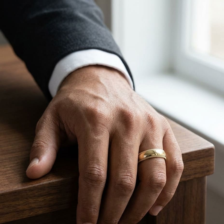 7mm Slightly Domed Double Milgrain Comfort-Fit Wedding Band in 14K Yellow Gold, worn on hand, masculine full view