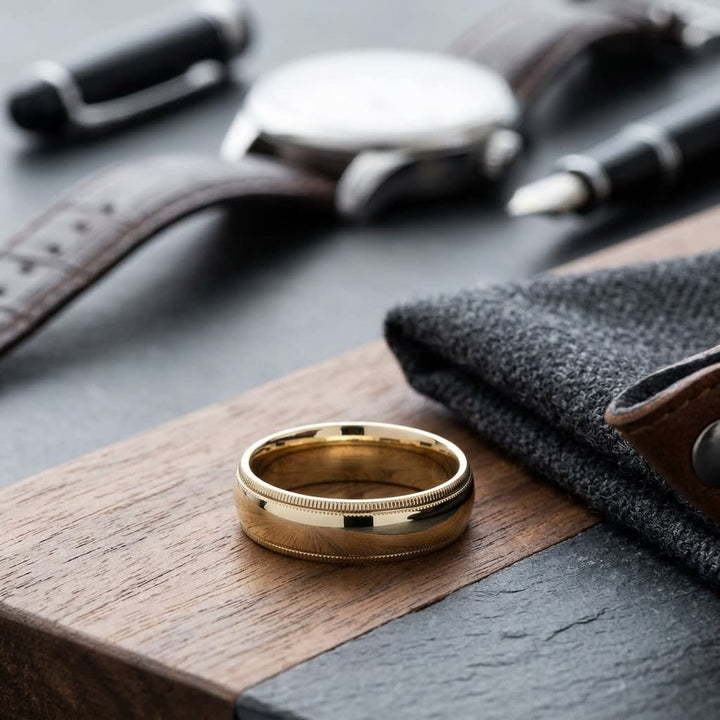 7mm Slightly Domed Double Milgrain Comfort-Fit Wedding Band in 14K Yellow Gold, on walnut surface with pocket square
