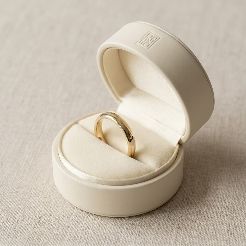 3mm Slightly Domed Super Light Comfort-Fit Wedding Band in 14K Yellow Gold, in navy velvet jewelry box