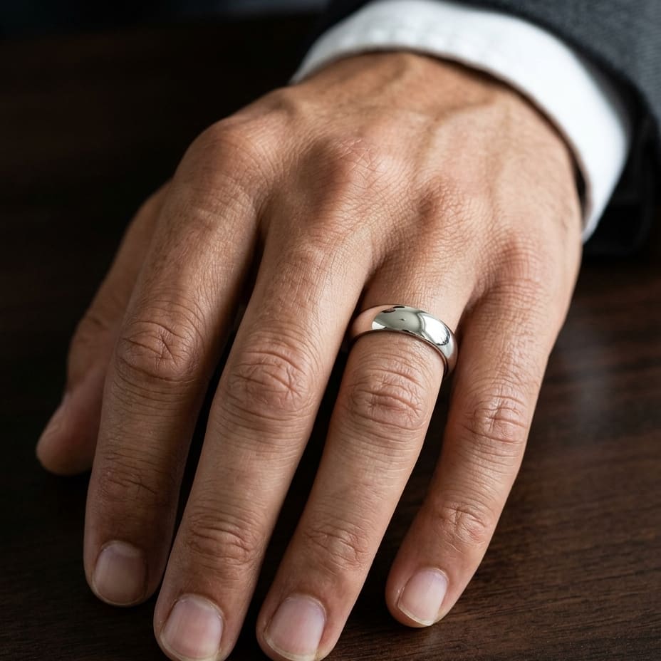 6mm Slightly Domed Super Light Comfort-Fit Wedding Band in 14K Yellow Gold, worn on hand, masculine close-up