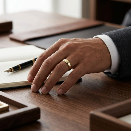 6mm Slightly Domed Super Light Comfort-Fit Wedding Band in 14K Yellow Gold, worn on hand, masculine full view