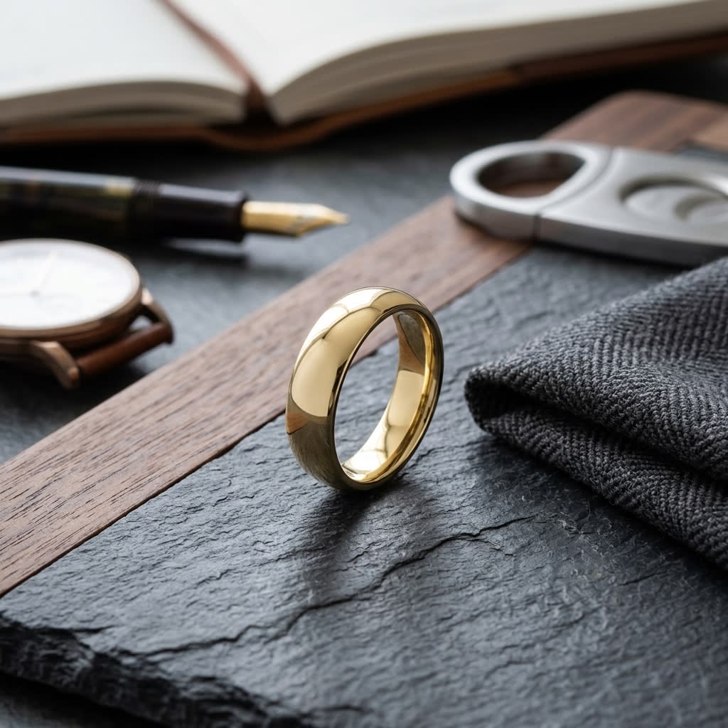 6mm Slightly Domed Super Light Comfort-Fit Wedding Band in 14K Yellow Gold, on walnut surface with pocket square