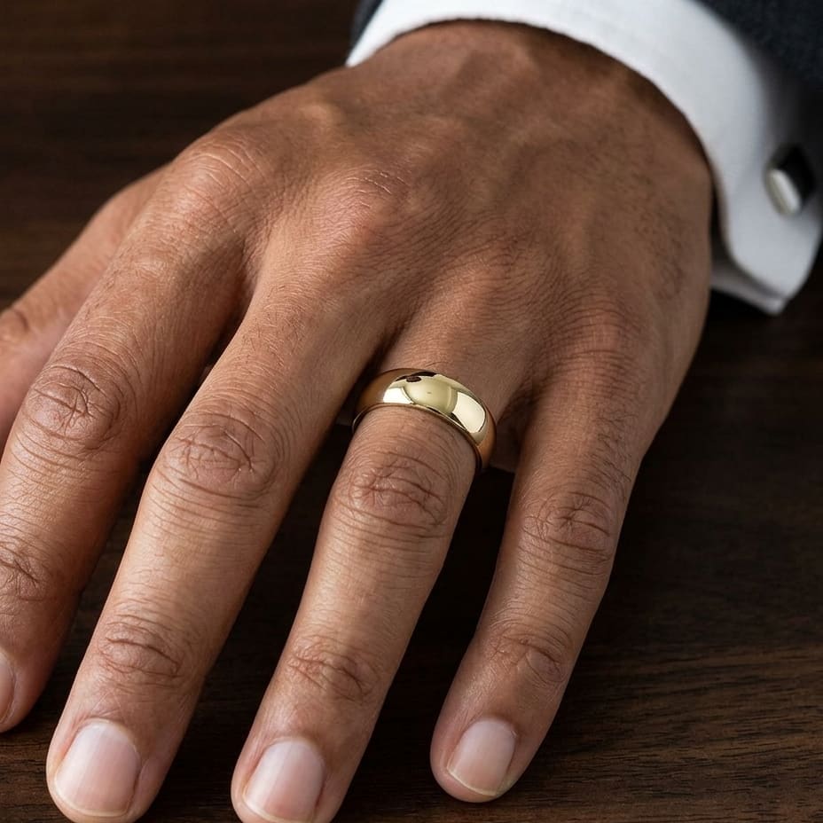 7mm Slightly Domed Super Light Comfort-Fit Wedding Band in 14K Yellow Gold, worn on hand, masculine close-up