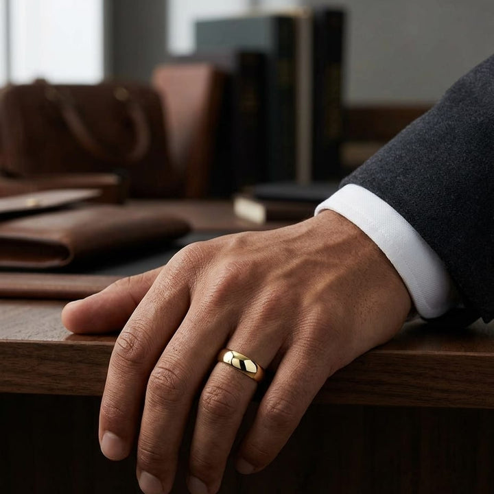 7mm Slightly Domed Super Light Comfort-Fit Wedding Band in 14K Yellow Gold, worn on hand, masculine full view