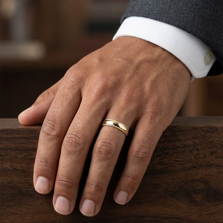 5mm Slightly Domed Super Light Milgrain Comfort-Fit Wedding Band in 14K Yellow Gold, worn on hand, masculine close-up