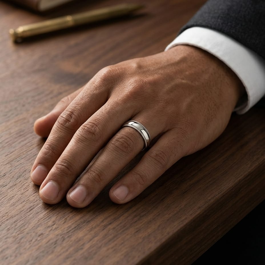 5mm Slightly Domed Super Light Milgrain Comfort-Fit Wedding Band in 14K Yellow Gold, worn on hand, masculine full view