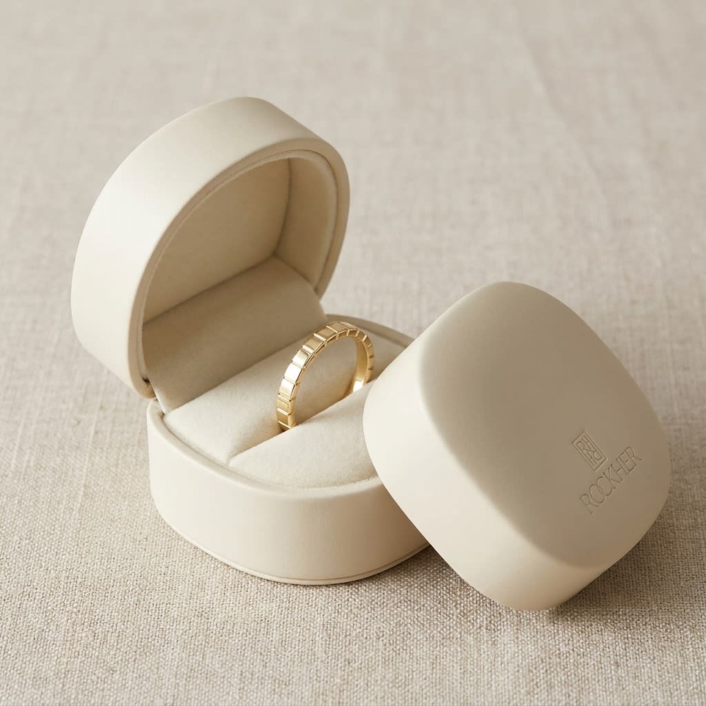 2mm High Polish Carved Wedding Band in 14K Yellow Gold, in navy velvet jewelry box