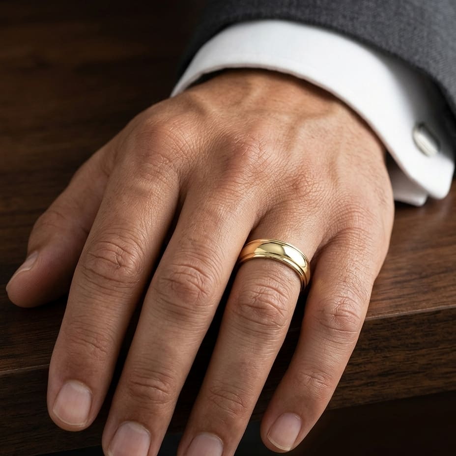 6mm High Polish Carved Wedding Band in 14K Yellow Gold, worn on hand, masculine close-up