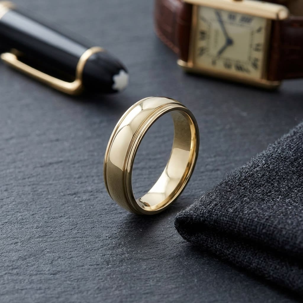 6mm High Polish Carved Wedding Band in 14K Yellow Gold, on walnut surface with pocket square