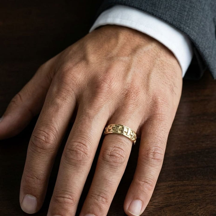 6mm Comfort-Fit Wedding Band in 14K Yellow Gold, worn on hand, masculine close-up