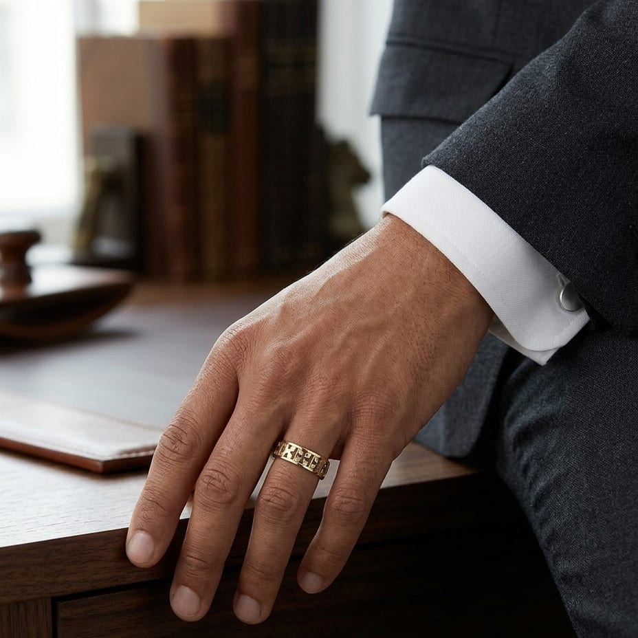 6mm Comfort-Fit Wedding Band in 14K Yellow Gold, worn on hand, masculine full view