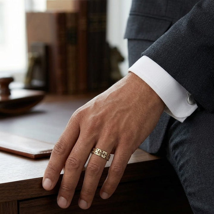 6mm Comfort-Fit Wedding Band in 14K Yellow Gold, worn on hand, masculine full view