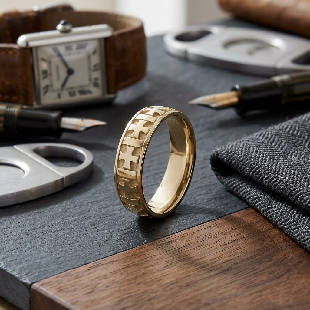 6mm Comfort-Fit Wedding Band in 14K Yellow Gold, on walnut surface with pocket square