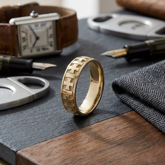 6mm Comfort-Fit Wedding Band in 14K Yellow Gold, on walnut surface with pocket square