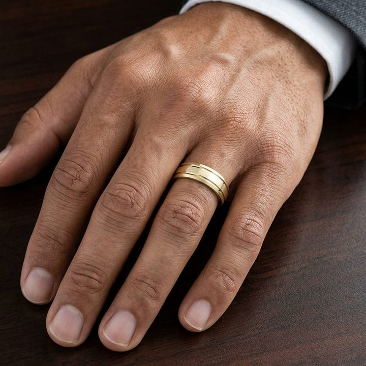 6mm Satin Finish Parallel Groove Carved Wedding Band in 14K Yellow Gold, worn on hand, masculine close-up