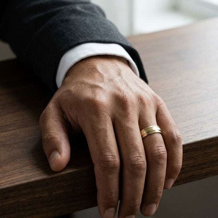 6mm Satin Finish Parallel Groove Carved Wedding Band in 14K Yellow Gold, worn on hand, masculine full view