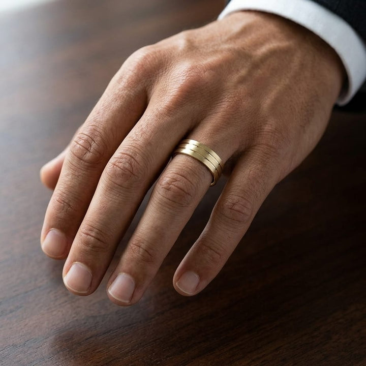 6mm Satin Finish Parallel Center Cut Carved Wedding Band in 14K Yellow Gold, worn on hand, masculine close-up