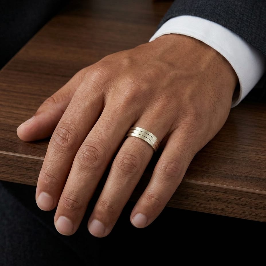 6mm Satin Finish Parallel Center Cut Carved Wedding Band in 14K Yellow Gold, worn on hand, masculine full view