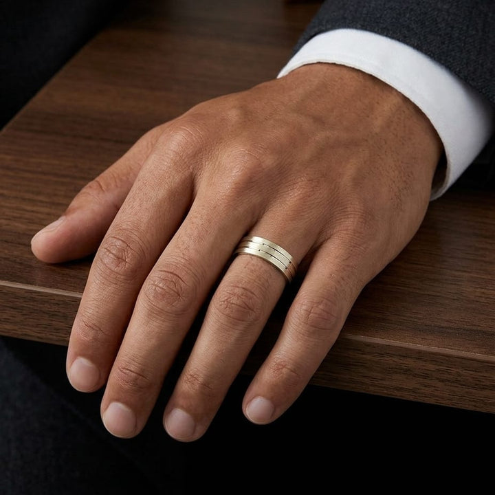 6mm Satin Finish Parallel Center Cut Carved Wedding Band in 14K Yellow Gold, worn on hand, masculine full view