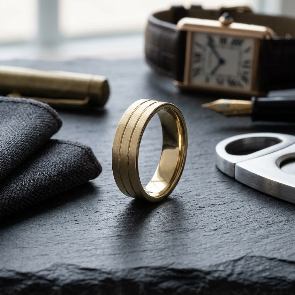 6mm Satin Finish Parallel Center Cut Carved Wedding Band in 14K Yellow Gold, on walnut surface with pocket square