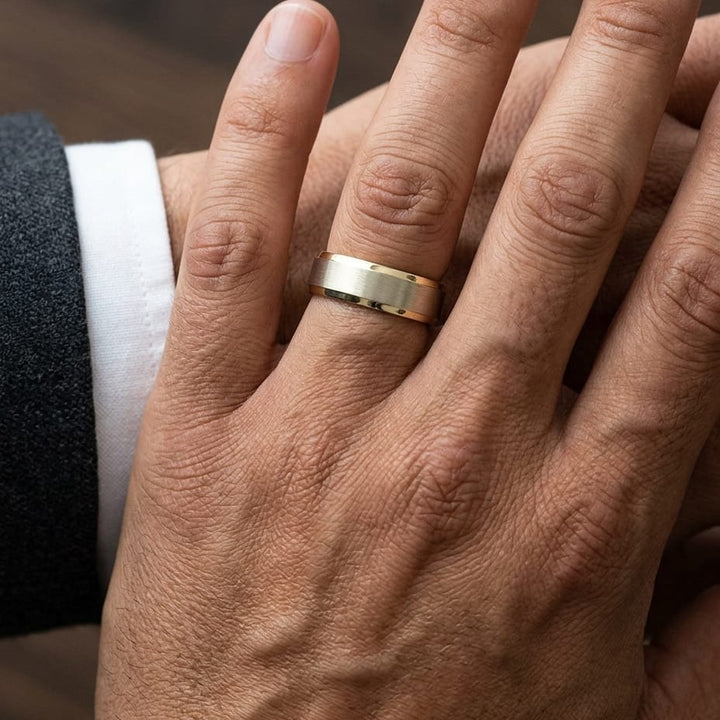 6mm Satin Finish High Polished Beveled Edge Carved Wedding Band in 14K Yellow Gold, worn on hand, masculine close-up