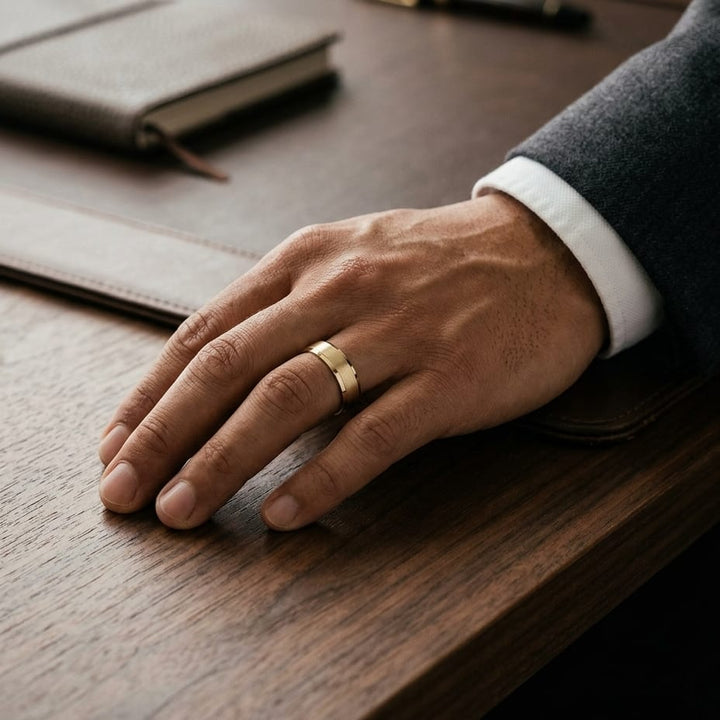 6mm Satin Finish High Polished Beveled Edge Carved Wedding Band in 14K Yellow Gold, worn on hand, masculine full view