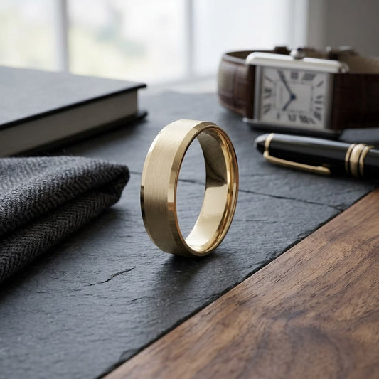 6mm Satin Finish High Polished Beveled Edge Carved Wedding Band in 14K Yellow Gold, on walnut surface with pocket square