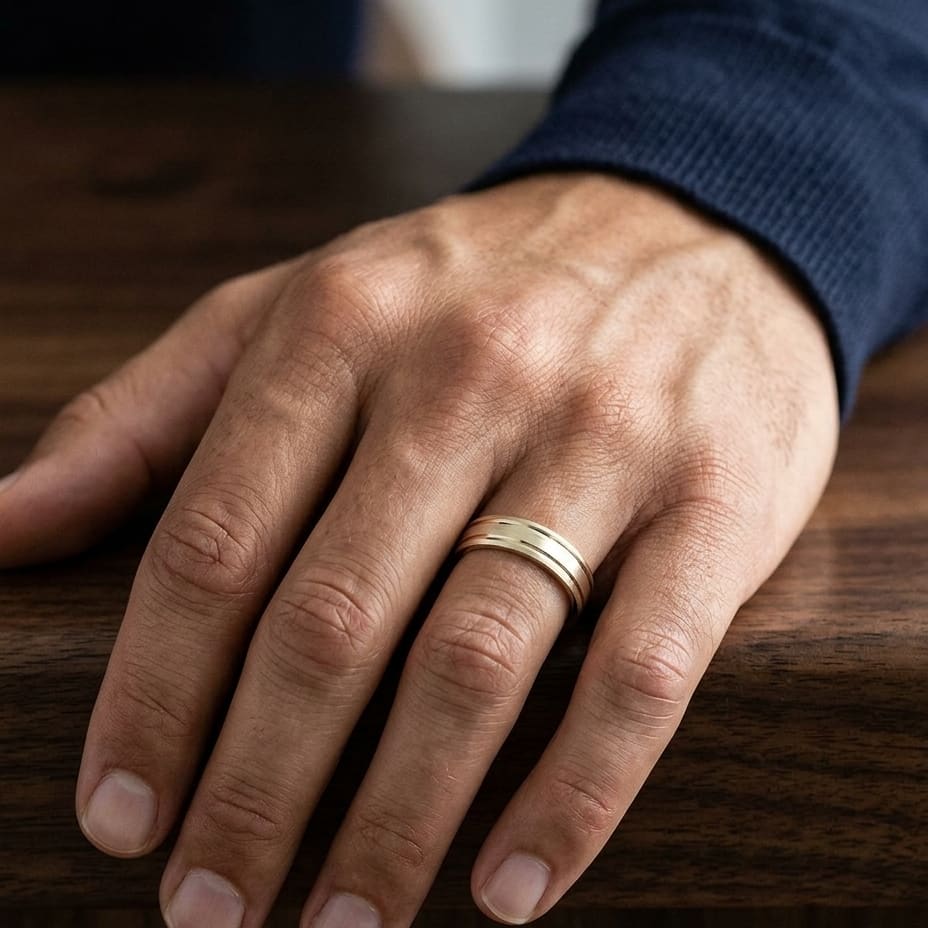 6mm Satin Finish Parallel Groove Carved Wedding Band in 14K Yellow Gold, worn on hand, masculine close-up