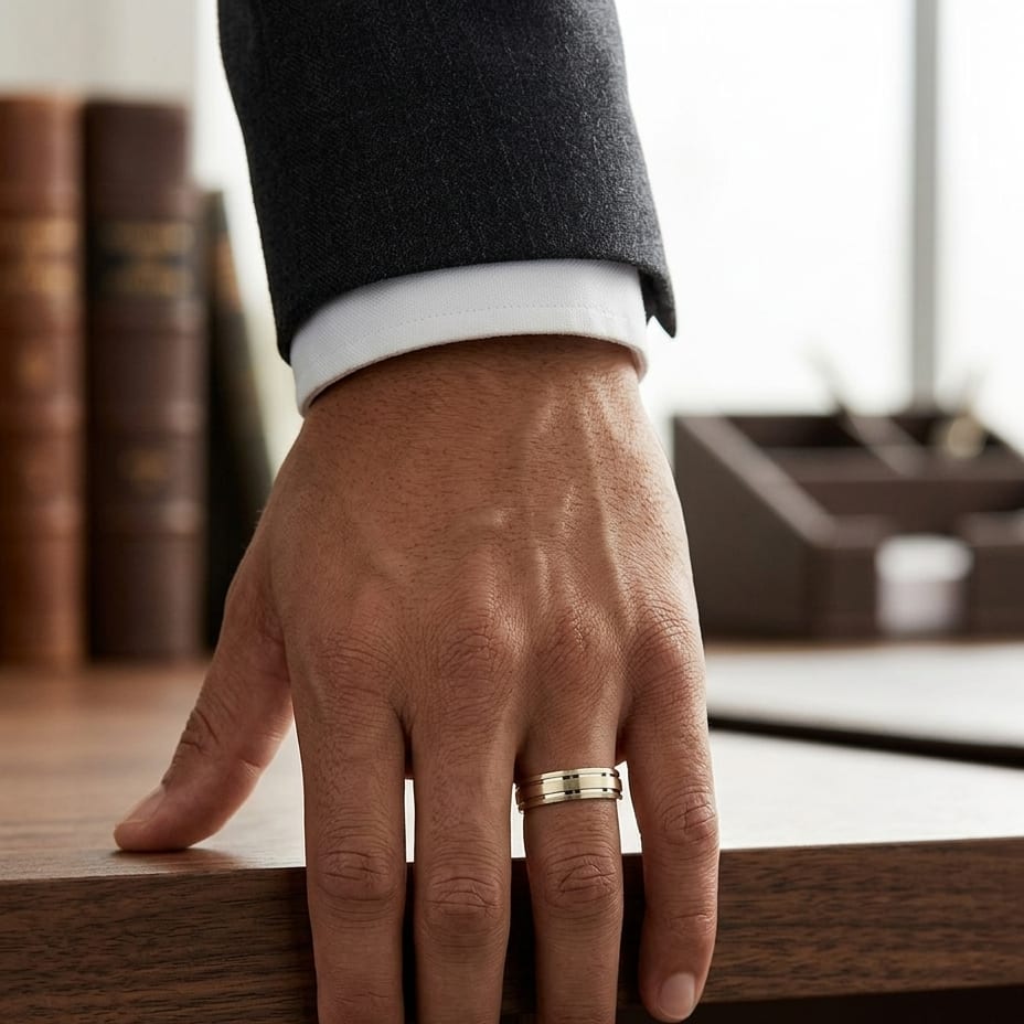 6mm Satin Finish Parallel Groove Carved Wedding Band in 14K Yellow Gold, worn on hand, masculine full view