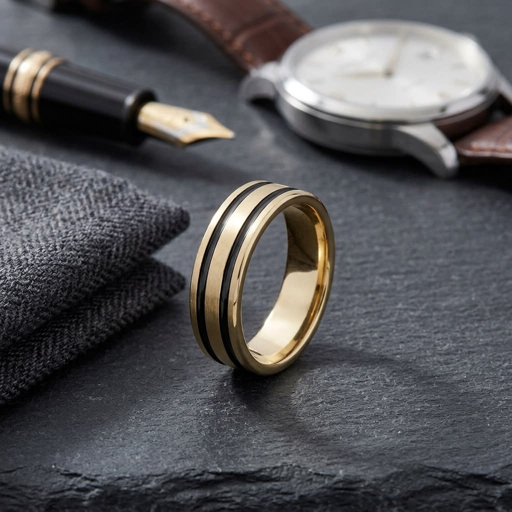 6mm Satin Finish Parallel Groove Carved Wedding Band in 14K Yellow Gold, on walnut surface with pocket square