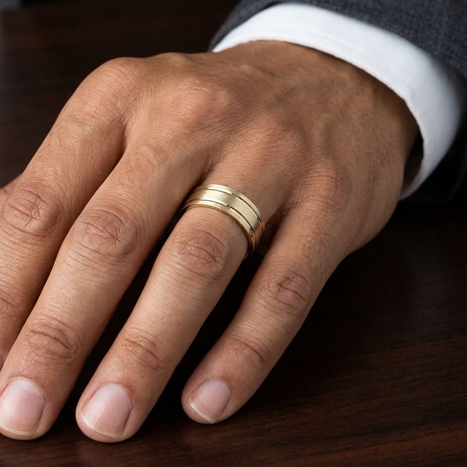 8mm Satin Finish Parallel Groove Carved Wedding Band in 14K Yellow Gold, worn on hand, masculine close-up