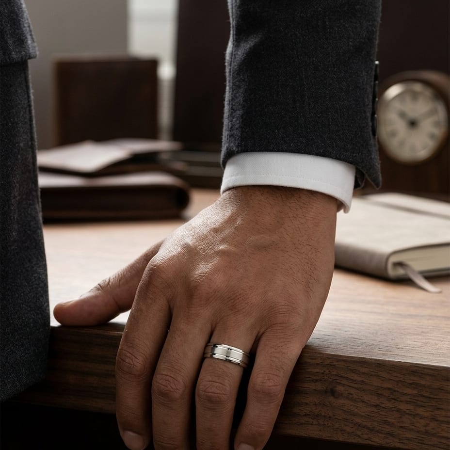 8mm Satin Finish Parallel Groove Carved Wedding Band in 14K Yellow Gold, worn on hand, masculine full view