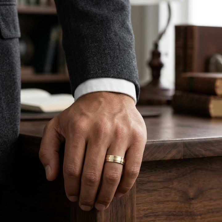 7mm Satin Finish Parallel Groove Carved Wedding Band in 14K Yellow Gold, worn on hand, masculine full view