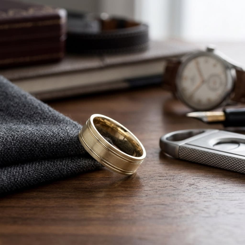 7mm Satin Finish Parallel Groove Carved Wedding Band in 14K Yellow Gold, on walnut surface with pocket square
