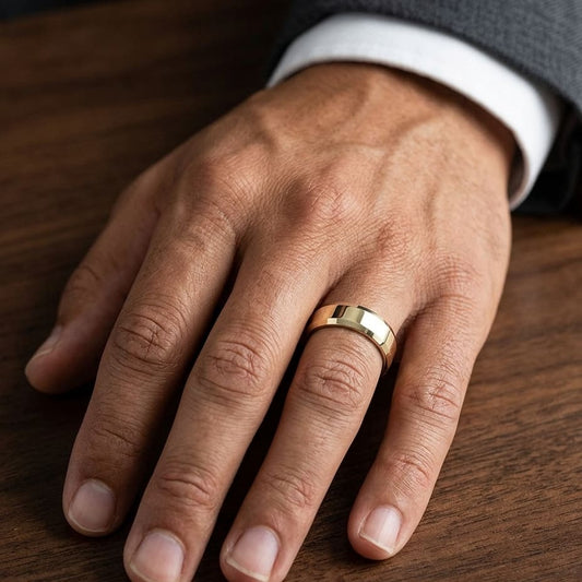 6mm High Polish Carved Wedding Band in 14K Yellow Gold, worn on hand, masculine close-up