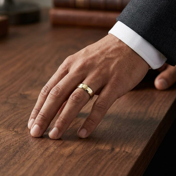 6mm High Polish Carved Wedding Band in 14K Yellow Gold, worn on hand, masculine full view